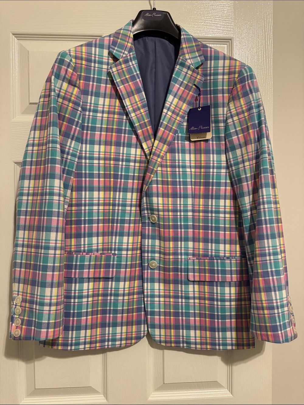 NWT Alan Flusser Pastel Plaid Blazer in Teal, Pink, Yellow & White
